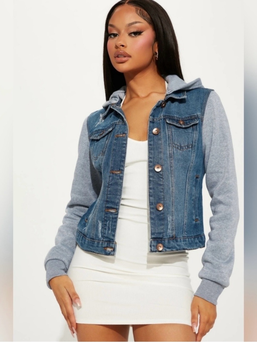 Blue Denim Jacket with Gray Sleeves